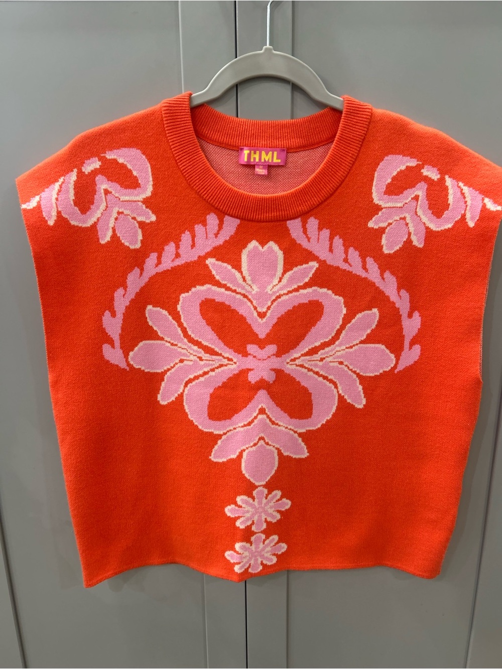 THML Orange Pink Floral Intarsia Knit Sleeveless Sweater Vest - Size M